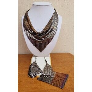 Vintage GUESS Gold Silver Copper Mesh Bib Scarf Necklace Earrings Set Metallic